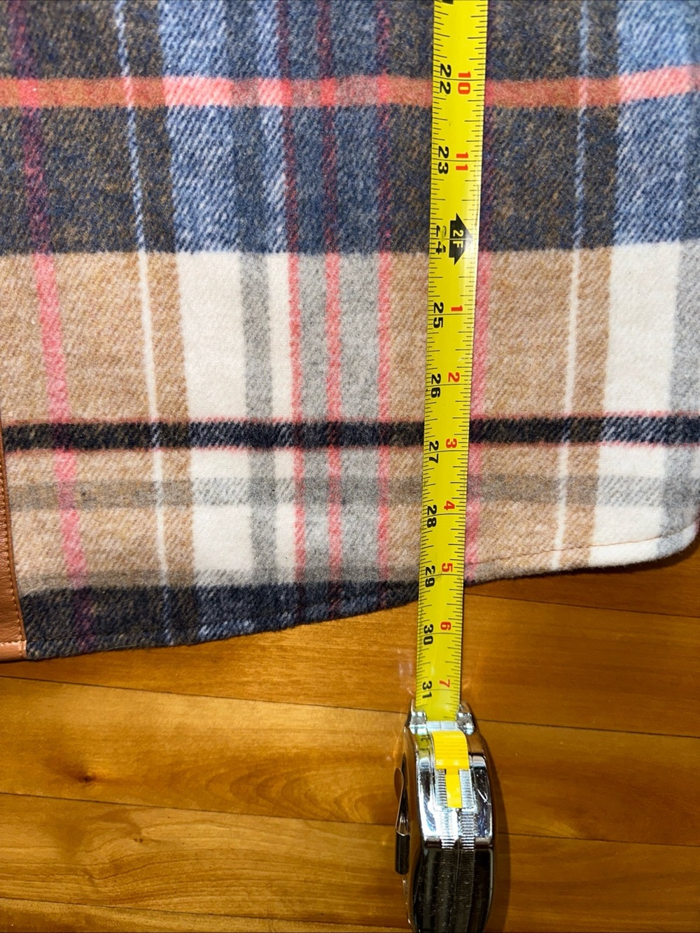 easel Brown Faux Leather Trim Plaid Jacket with Blue and Pink Accents - Picture 9 of 10